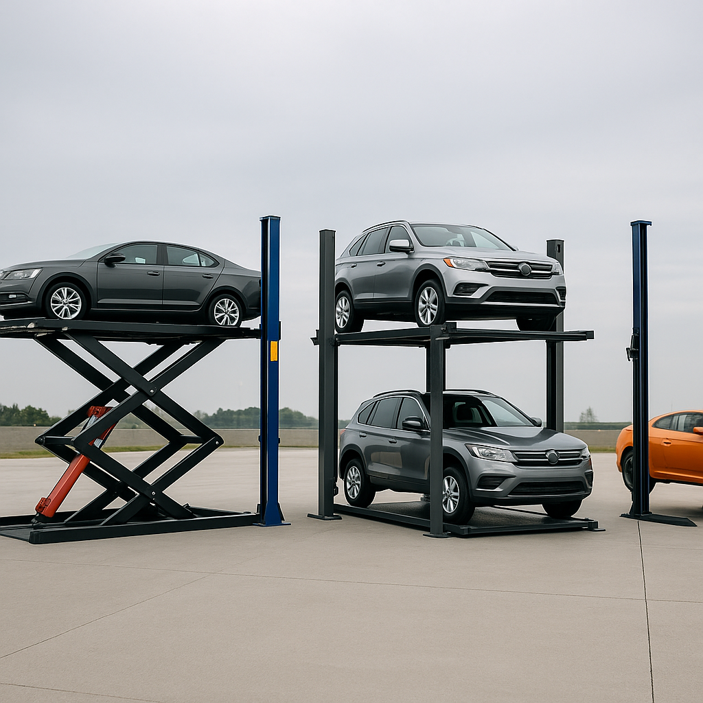 Diferentes modelos de elevadores para autos alineados para comparación