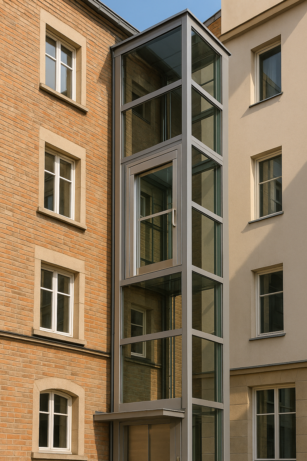 Elevador exterior transparente integrado a fachada de edificio