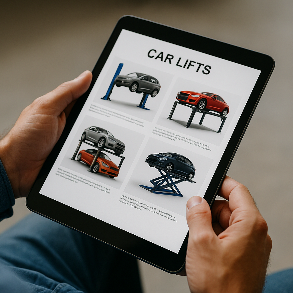 Persona revisando catálogo de elevadores de autos en una tablet