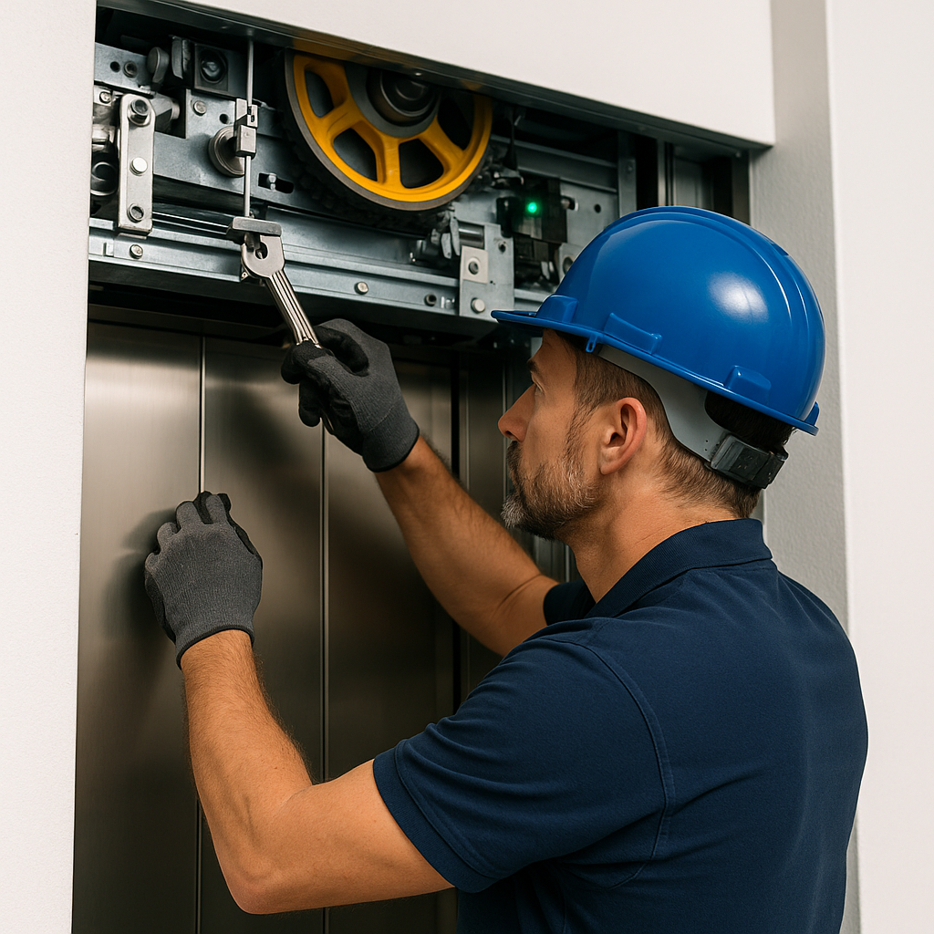 Técnico realizando mantenimiento a elevador comercial