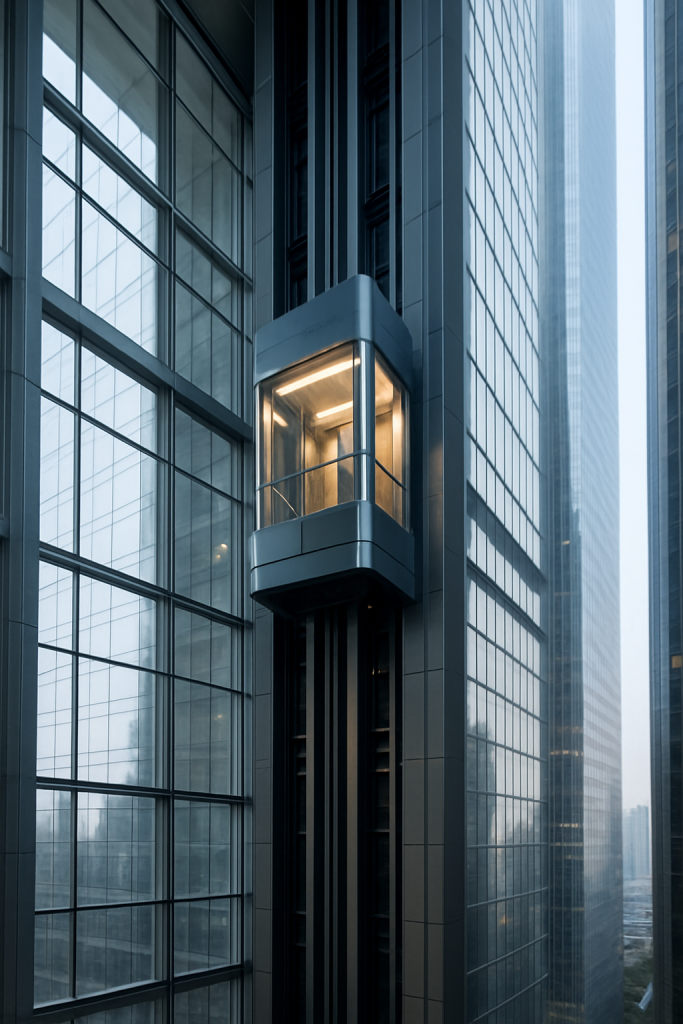 Elevador de alta velocidad ascendiendo en un rascacielos moderno