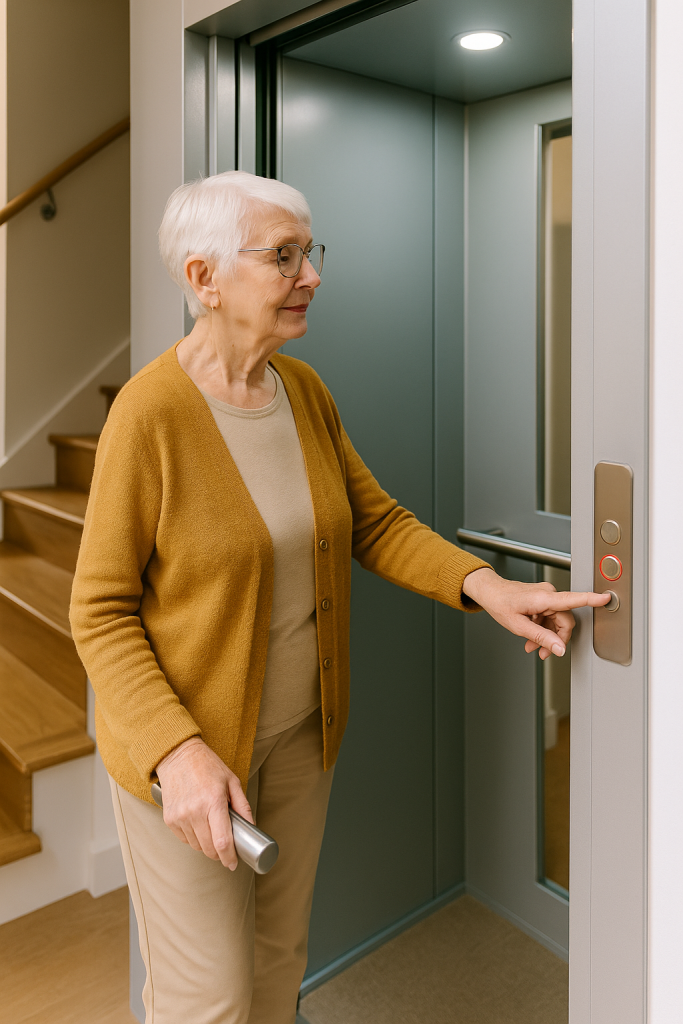 Persona mayor usando elevador residencial de forma segura
