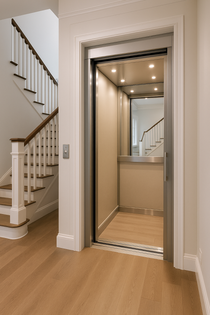 Elevador residencial moderno de vidrio y acero instalado dentro de una casa elegante con escalera de madera