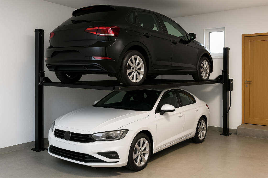 Garaje moderno con dos autos estacionados gracias a un elevador compacto de dos niveles.