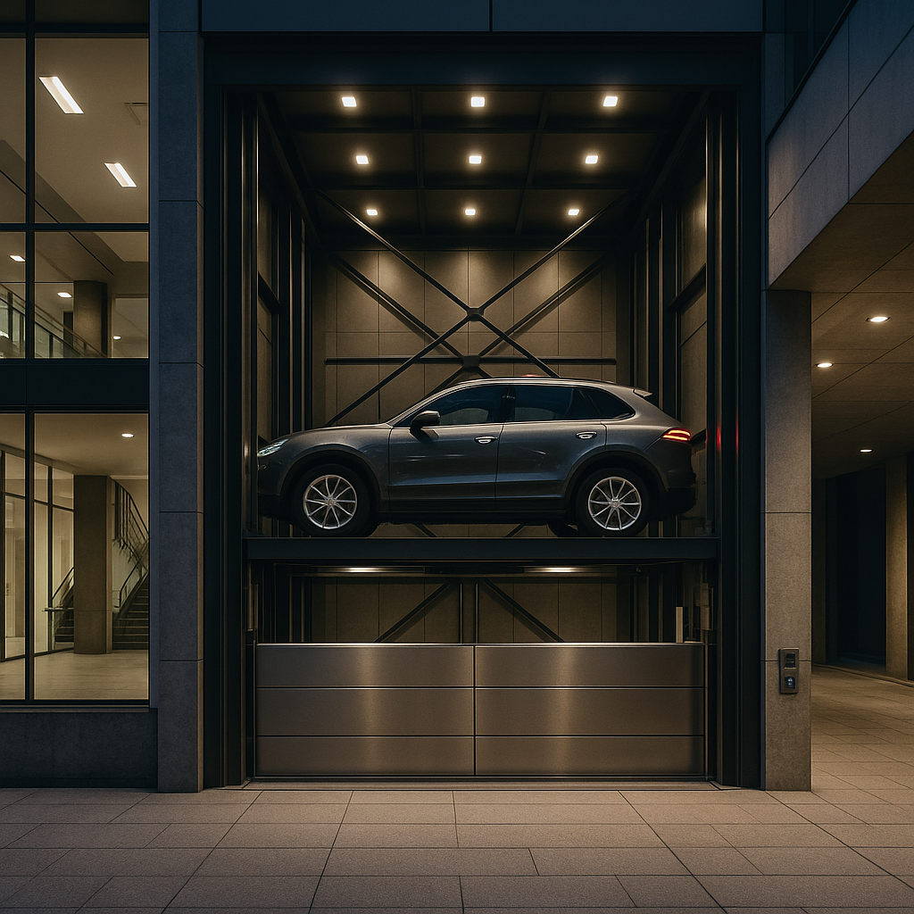 Elevador para autos en un edificio moderno con un SUV en plataforma iluminada