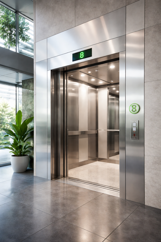 Elevador ecológico de bajo consumo instalado en edificio comercial moderno con sistemas eficientes y diseño sostenible