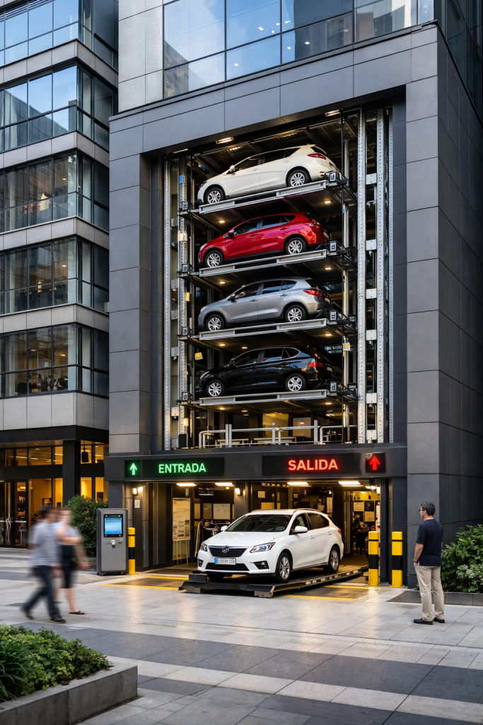 Sistema de estacionamiento vertical automatizado para espacios urbanos reducidos integrado en edificio moderno