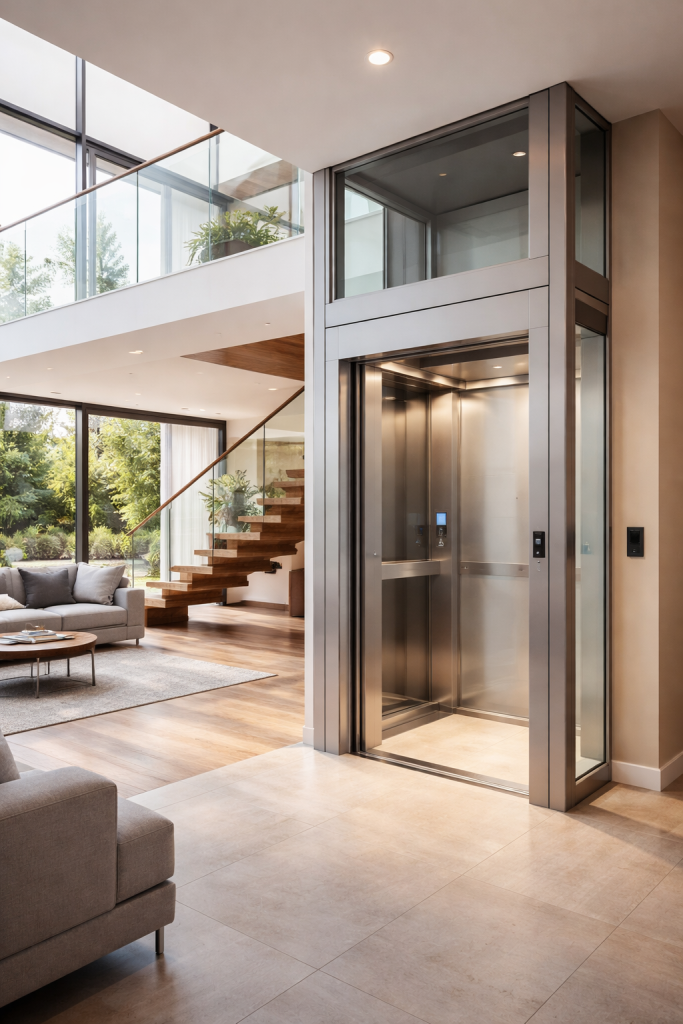 Elevador residencial para casas de dos o más niveles integrado en vivienda moderna de varios pisos