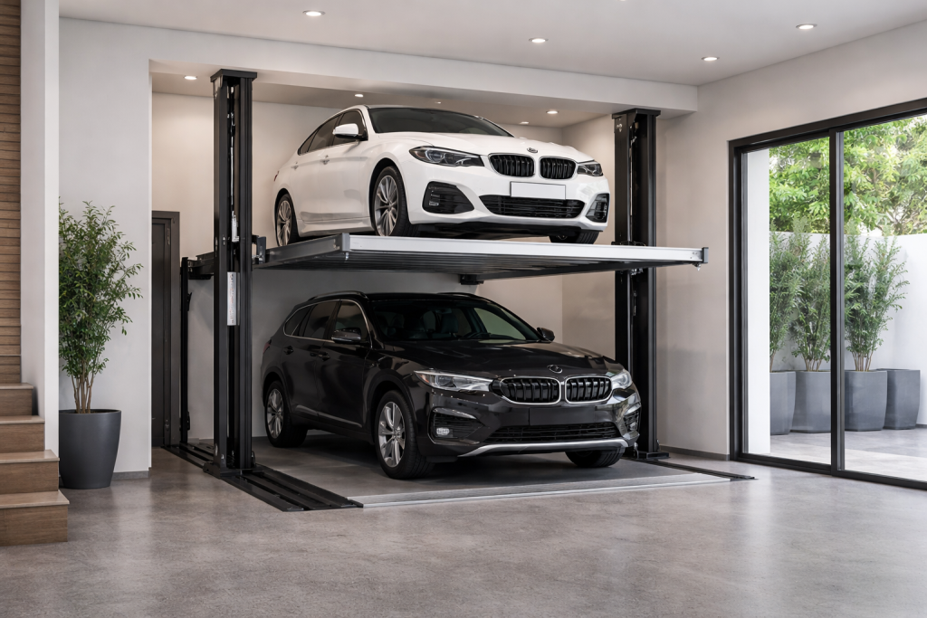 Elevador para autos residencial según espacio de vivienda instalado en garaje moderno de casa unifamiliar