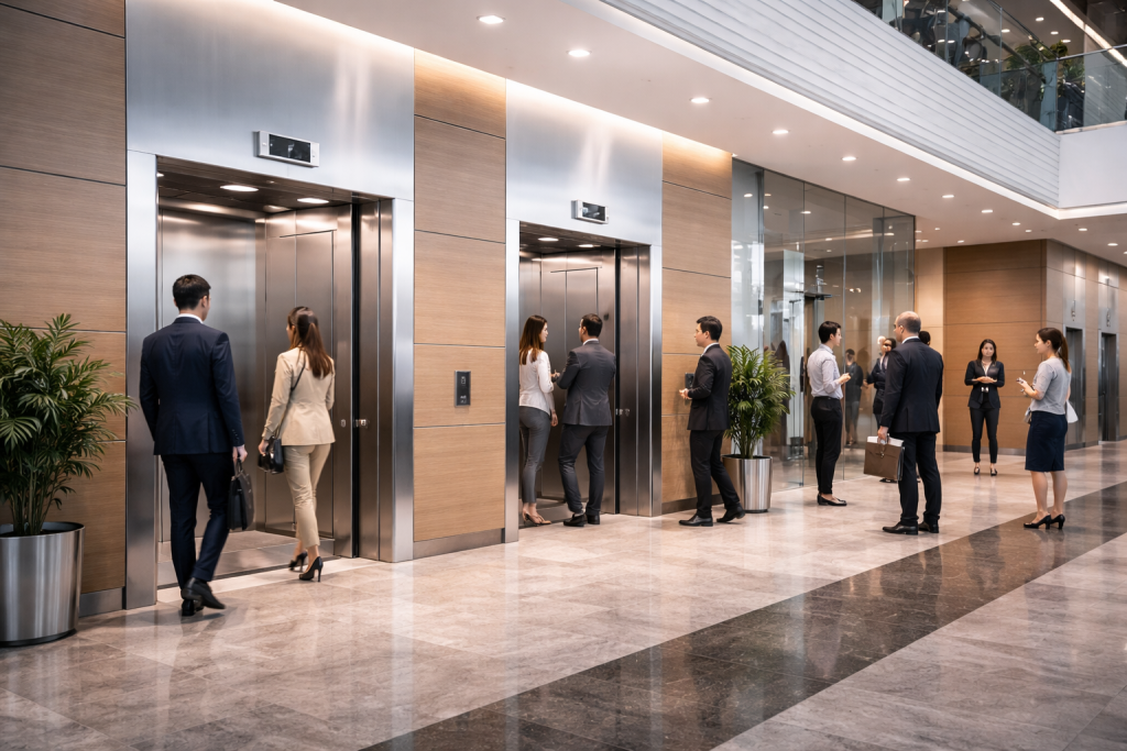 elevadores comerciales modernos en edificio corporativo en México con alto flujo de personas