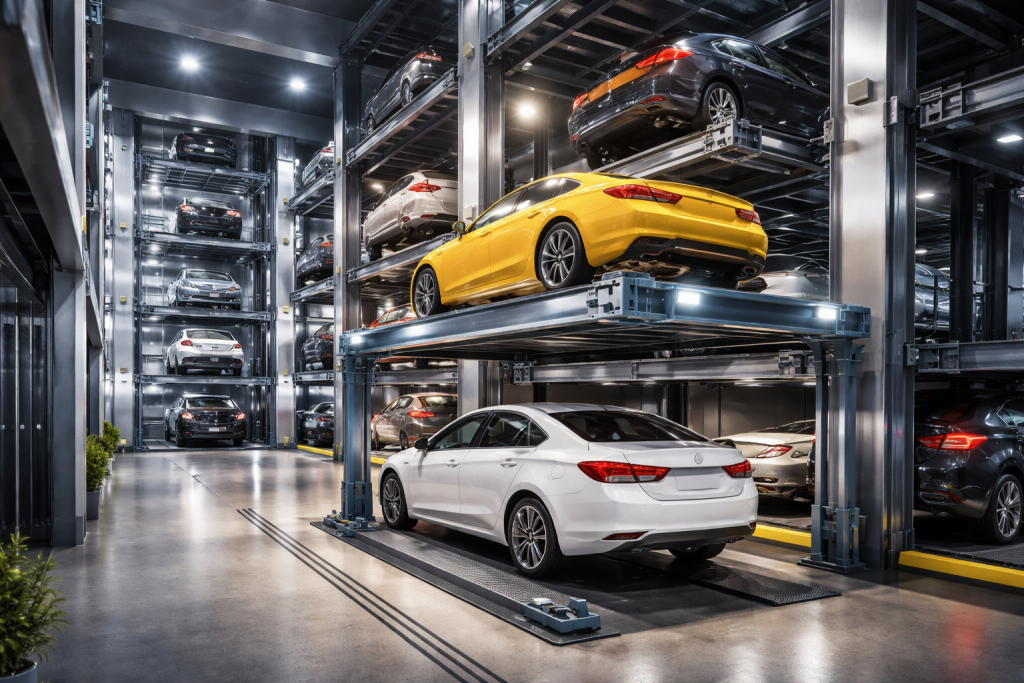sistemas de elevadores para autos en México en estacionamiento moderno con sistema vertical automatizado