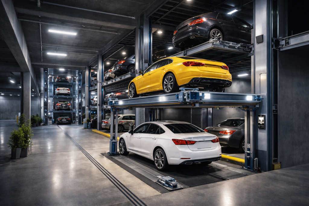 sistema de elevador para autos en estacionamiento subterráneo moderno con sistema de estacionamiento vertical