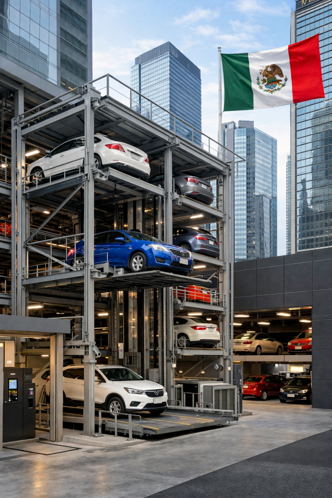 sistema de elevadores para autos en estacionamiento vertical de alta densidad en edificio moderno en México