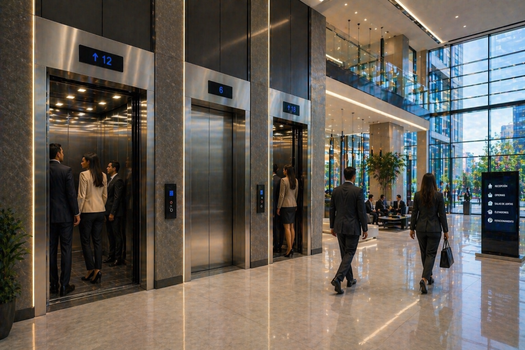 elevadores comerciales modernos en edificio inmobiliario en México con alto flujo y diseño eficiente