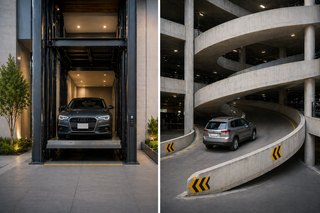 comparación elevadores para autos y rampas en edificio moderno en México con estacionamiento vertical
