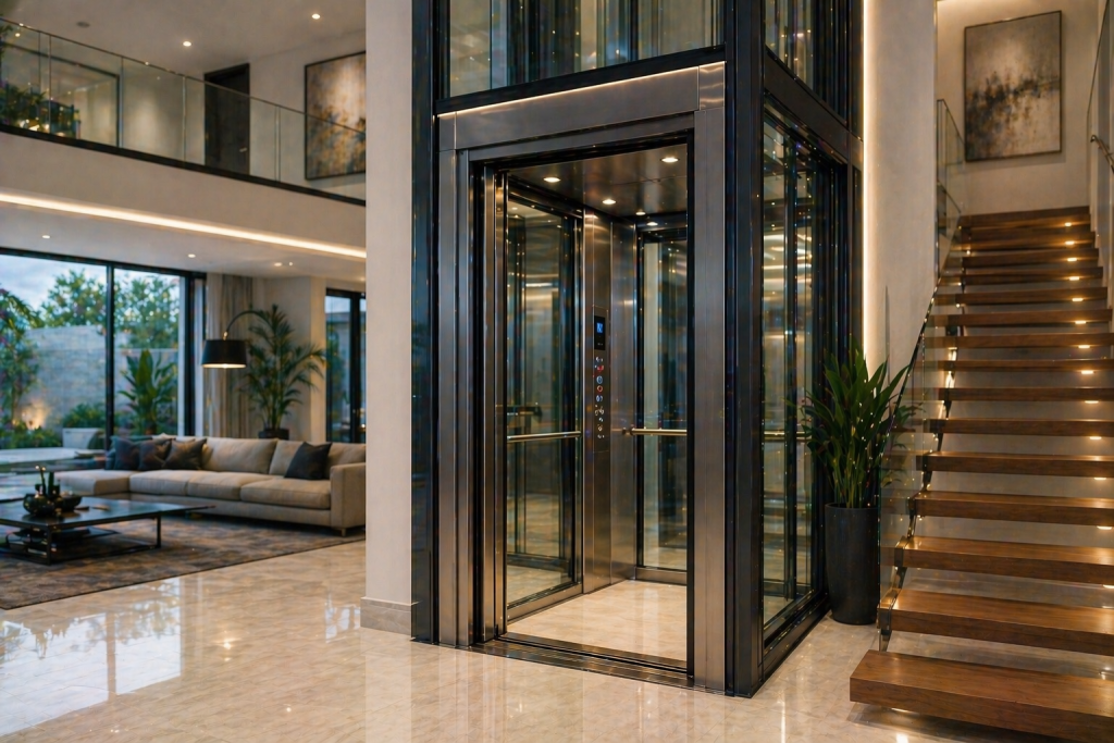 elevador residencial moderno en casa de lujo en México con cabina de vidrio y diseño minimalista
