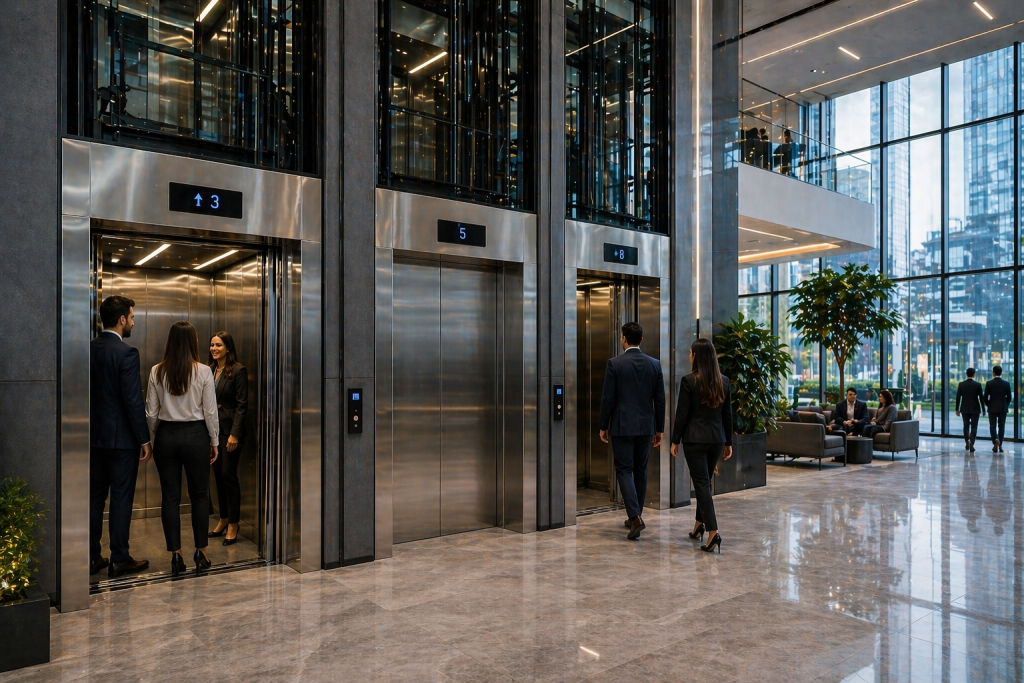 sistemas de elevadores comerciales en México en edificio moderno con alto flujo de personas