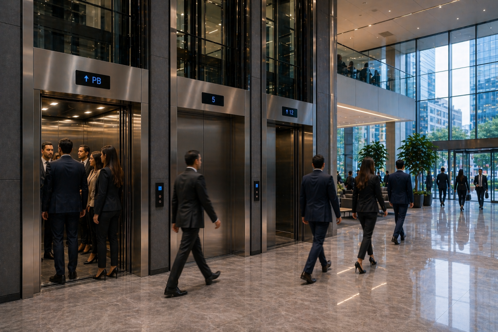 elevadores comerciales en México optimizando flujo en edificio moderno con alto tráfico