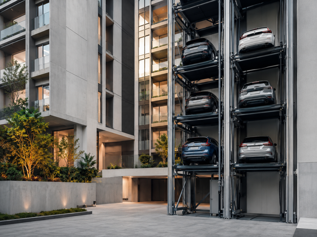 Sistema de estacionamiento vertical para edificios en México con autos en plataformas modernas