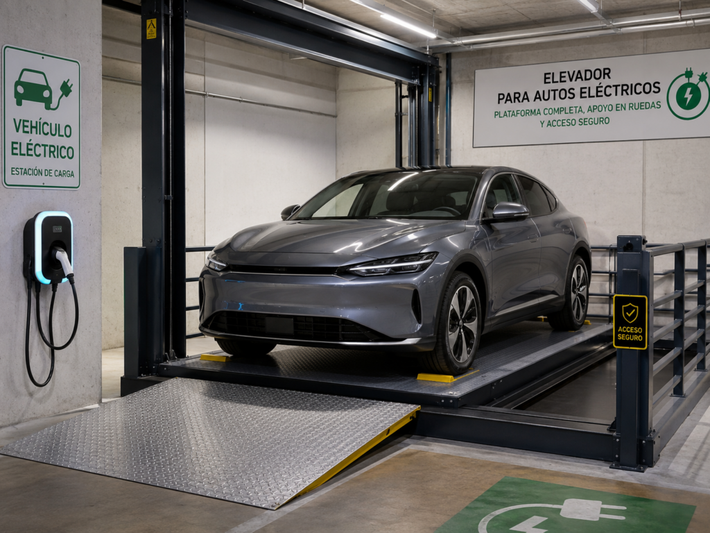 Elevadores para autos eléctricos en México con plataforma completa, apoyo en ruedas y acceso seguro.