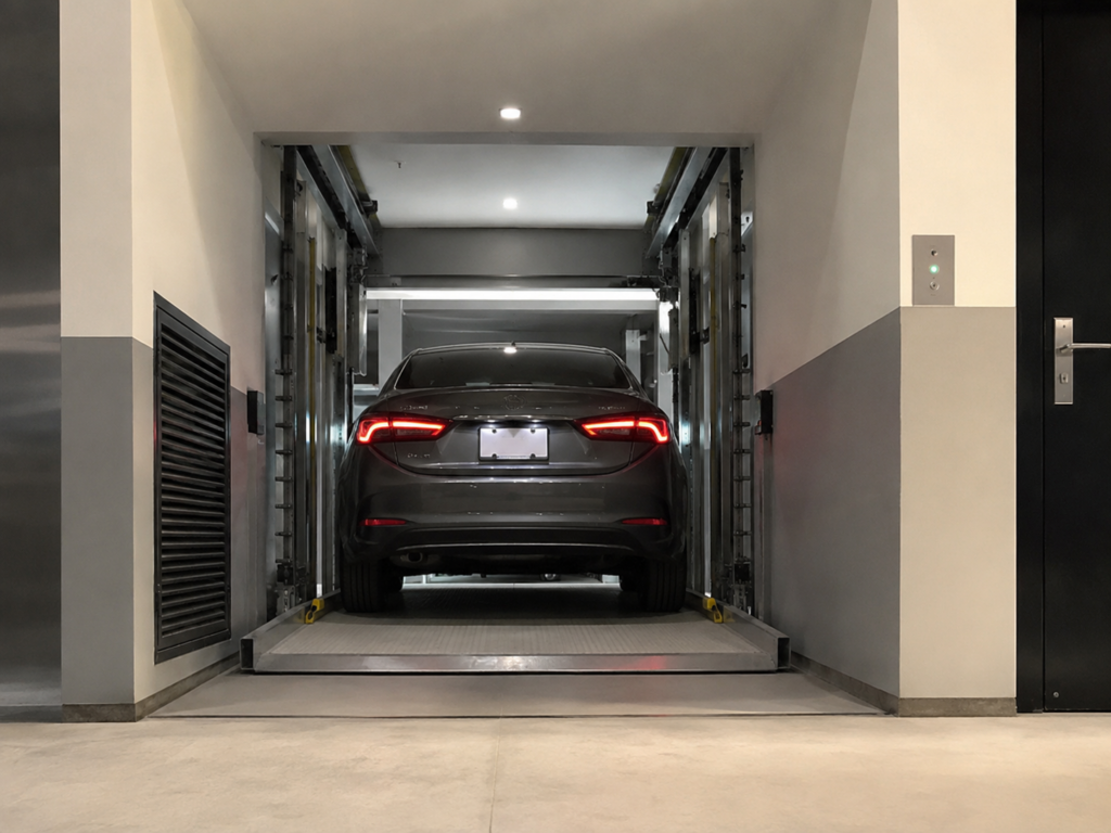 Elevadores para autos en México para accesos estrechos con plataforma compacta y entrada alineada.