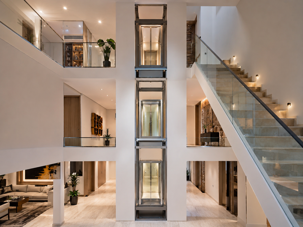 Elevadores residenciales para viviendas de varios niveles con cabina compacta y accesos alineados entre plantas.