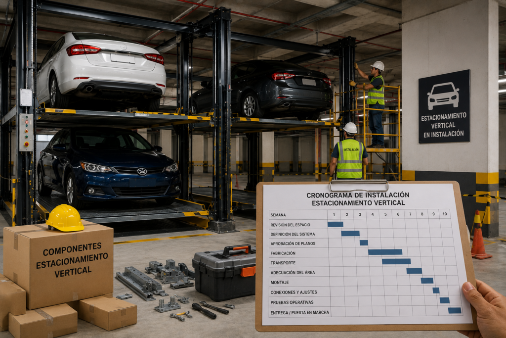 Estacionamiento vertical por tiempo de entrega en México con plataformas listas para instalación y puesta en marcha.
